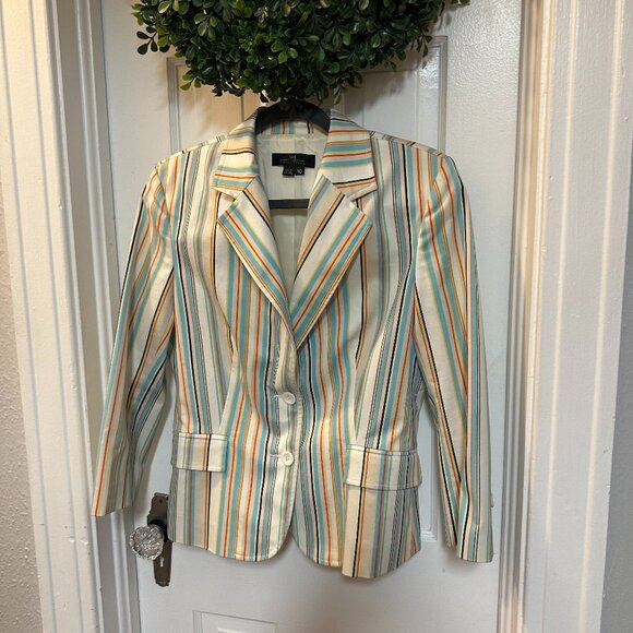 ID Collection White, Cream, Blue, Yellow, Orange Striped Blazer 3/4 Sleeve-10 - Picture 1 of 5